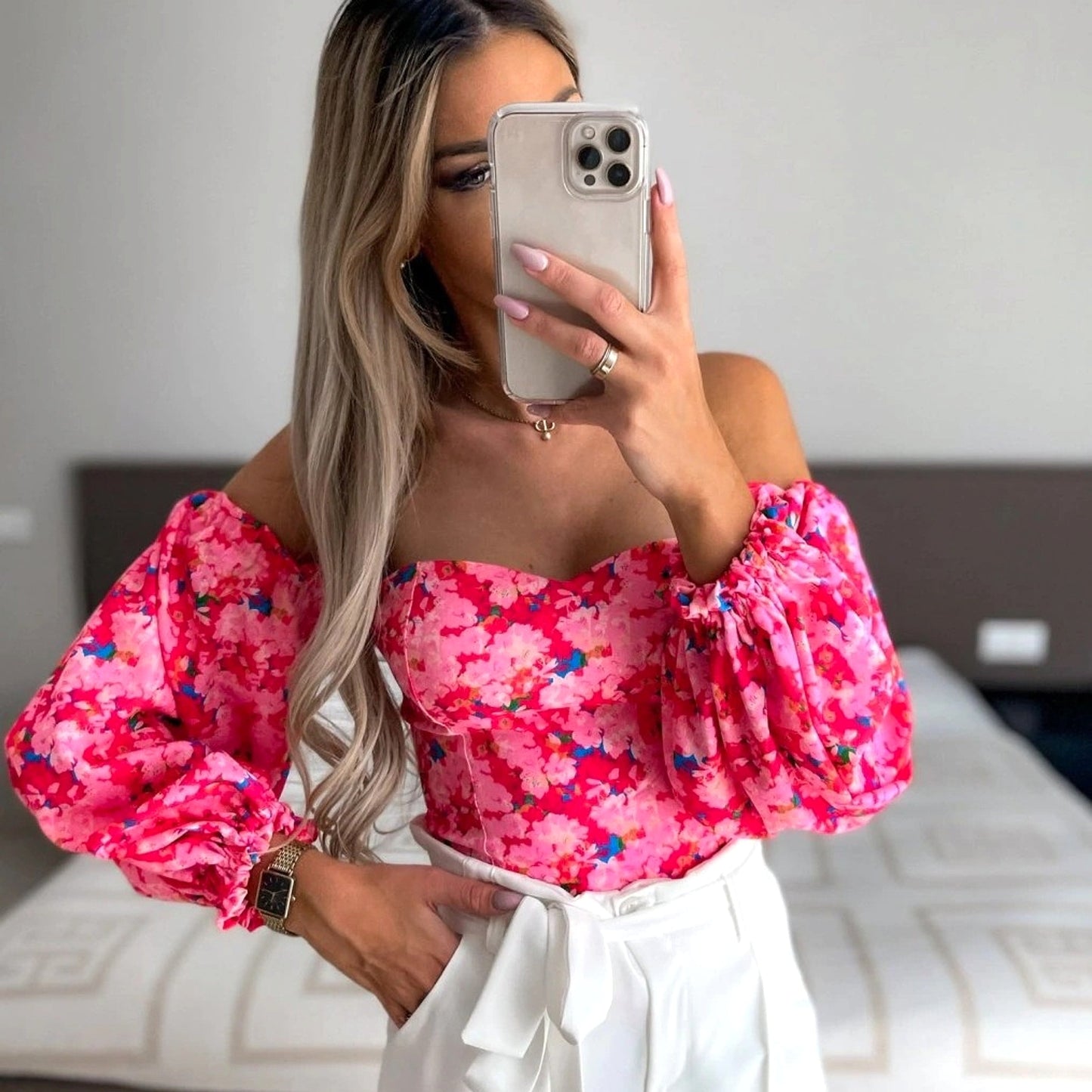 Damen Off-Shoulder Bluse mit Blumenmuster