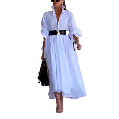 Fashion Pure White Lapel Belt Dress