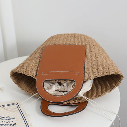 Retro Strohtasche mit Kontrastgriff Damen – SolunaWeave™
