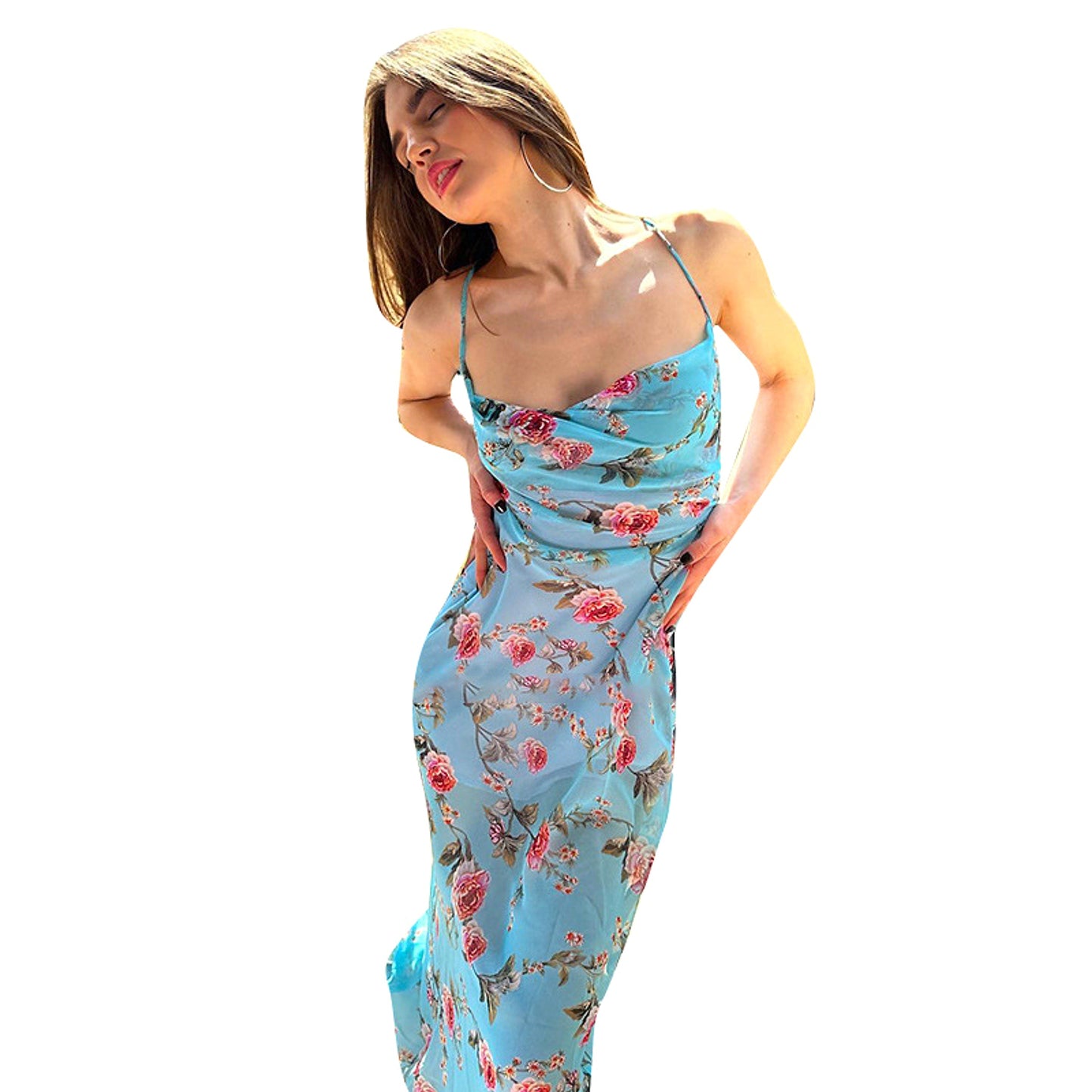 Damen Midikleid mit Blumenmuster und Spaghettiträgern