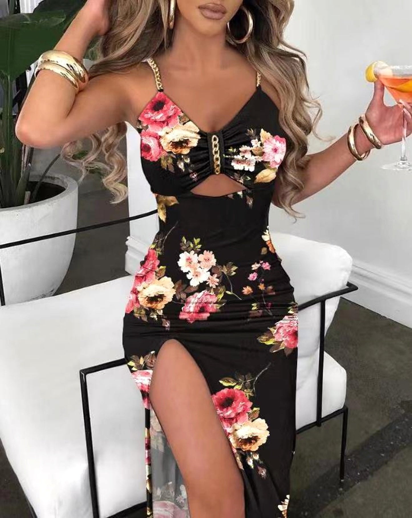 Damen Maxikleid mit Blumenmuster und Beinschlitz