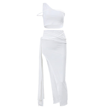 Women's Off-the-shoulder Navel High Slit Suit Set