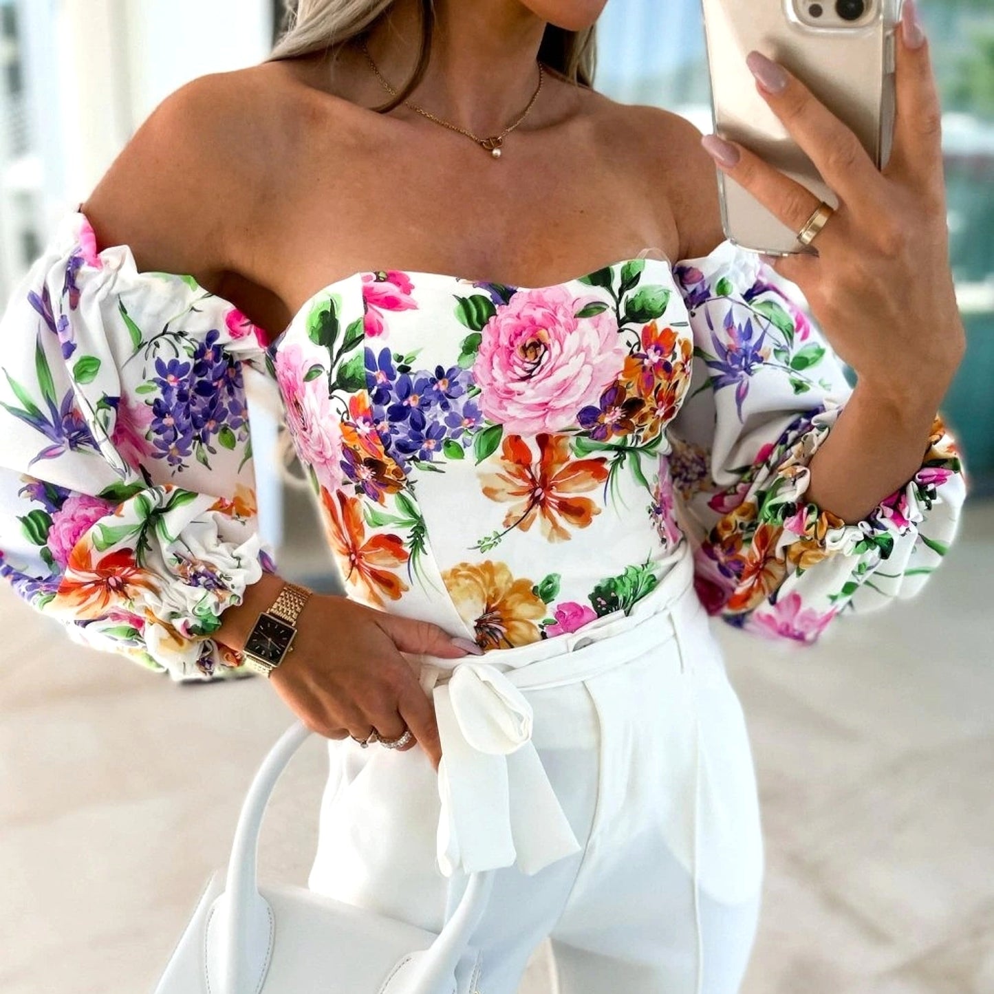 Damen Off-Shoulder Bluse mit Blumenmuster