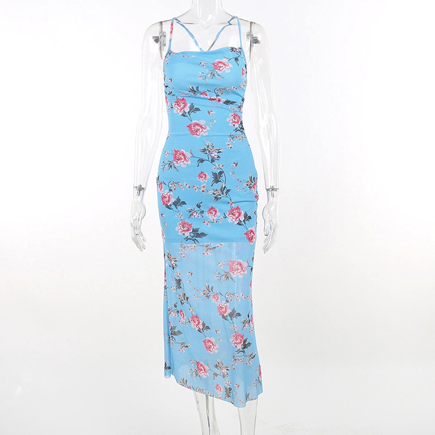 Damen Midikleid mit Blumenmuster und Spaghettiträgern