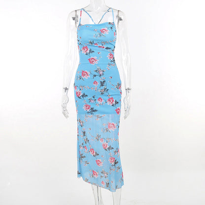 Damen Midikleid mit Blumenmuster und Spaghettiträgern