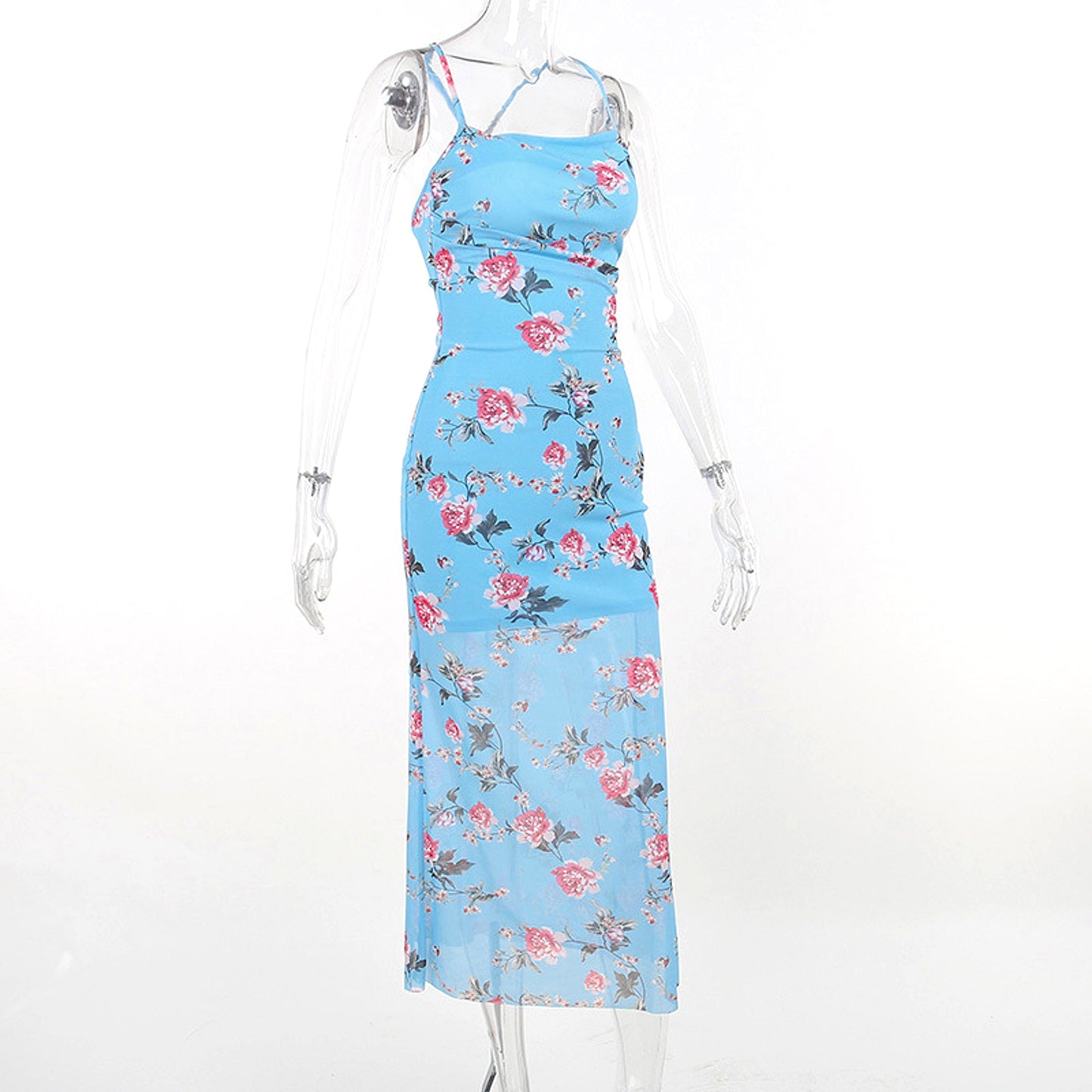 Damen Midikleid mit Blumenmuster und Spaghettiträgern