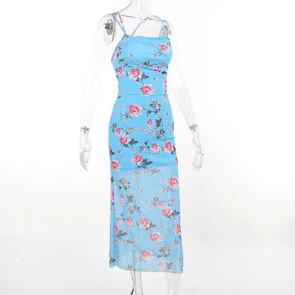 Damen Midikleid mit Blumenmuster und Spaghettiträgern