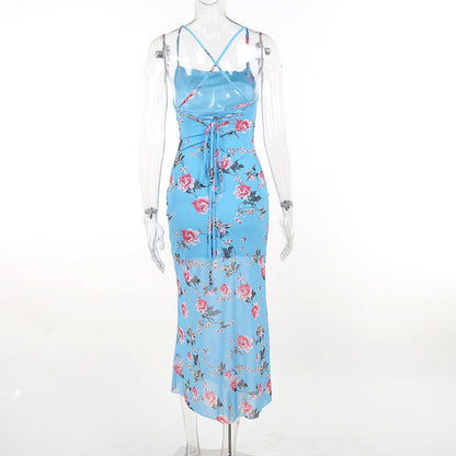 Damen Midikleid mit Blumenmuster und Spaghettiträgern