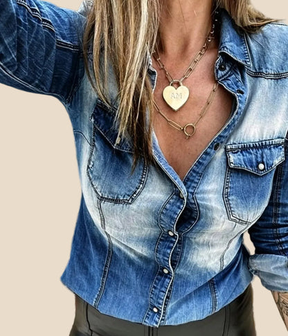 Detailansicht der Vintage Jeansbluse für Damen mit Washed-Effekt, Kragen und Brusttaschen