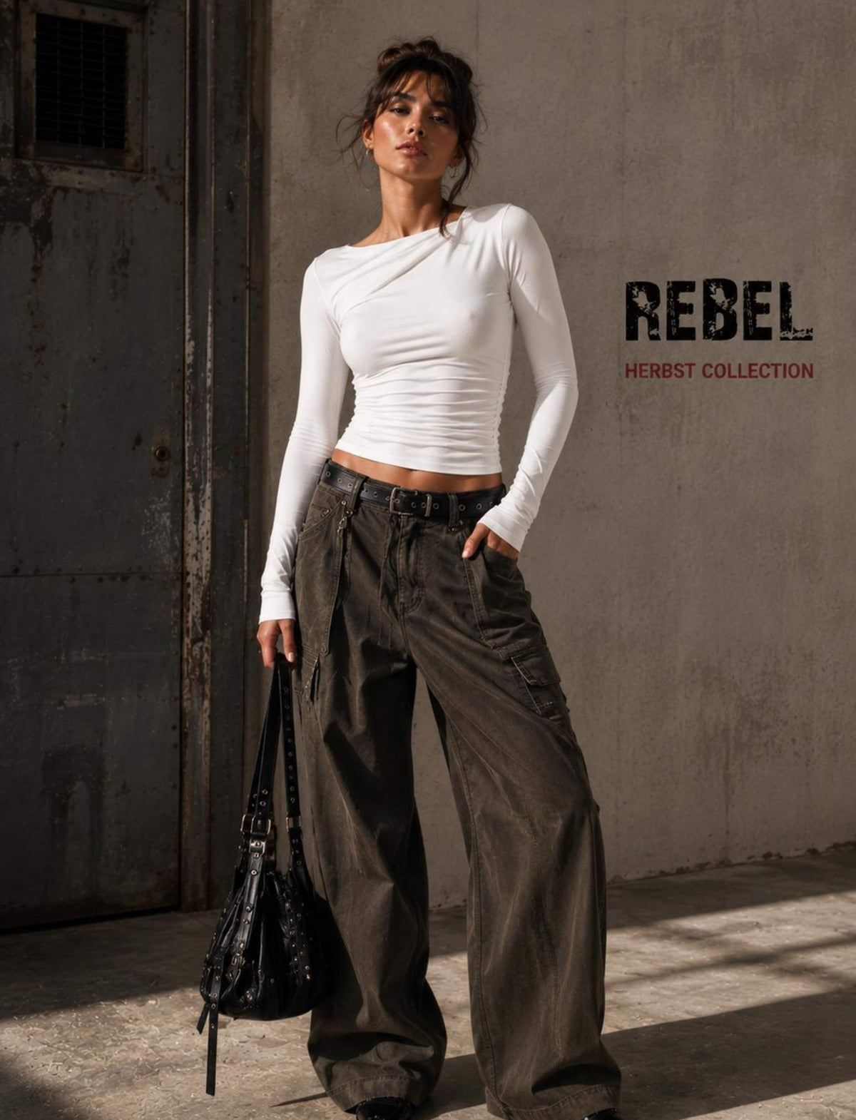 Weißes asymmetrisches Langarm-Top für Damen mit Raffung und figurbetonter Passform im Herbst-Outfit