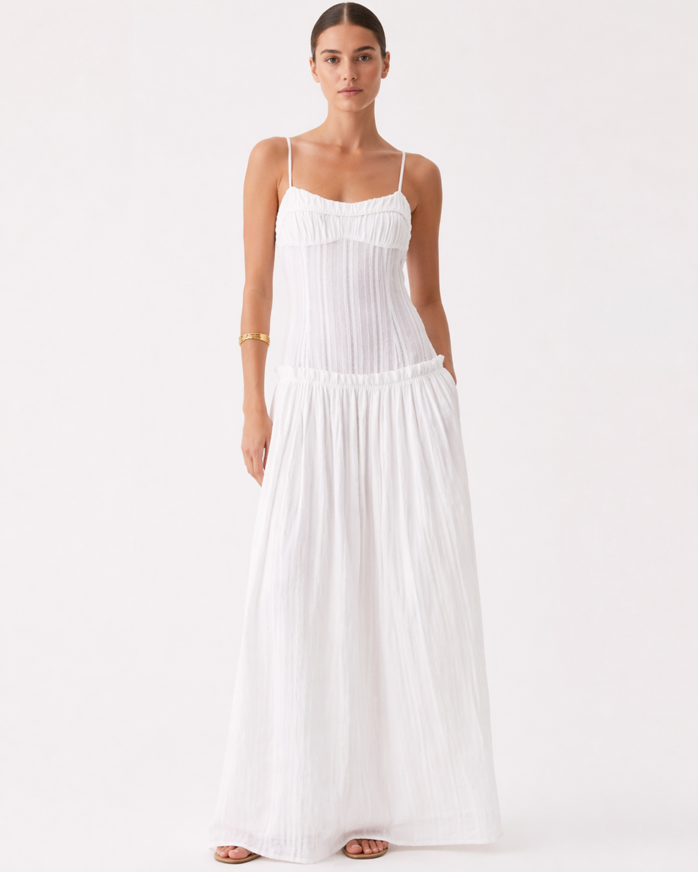 Weißes A-Linien Maxi Damenkleid mit Trägern