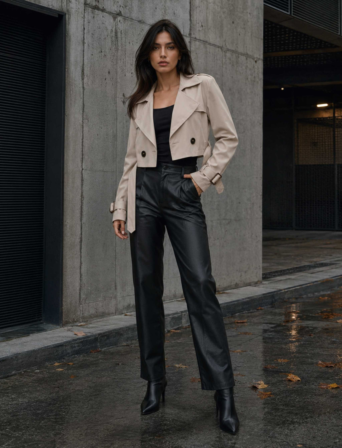 Zweireihige kurze Damenjacke mit Gürtel in einem modernen Herbst-Outfit mit weiter Hose